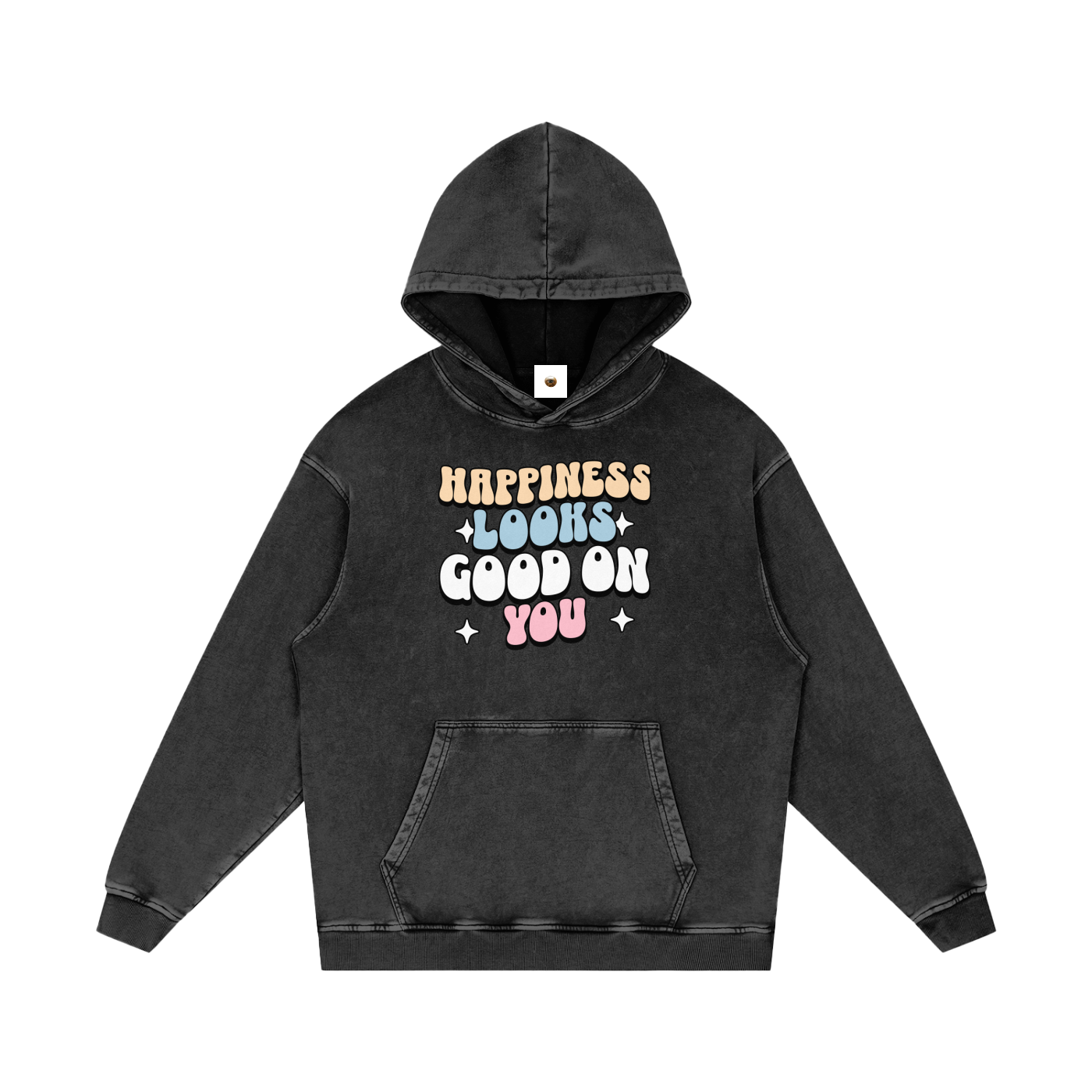 Happiness Looks Good On You Snow Washed Loose Cotton Hoodie