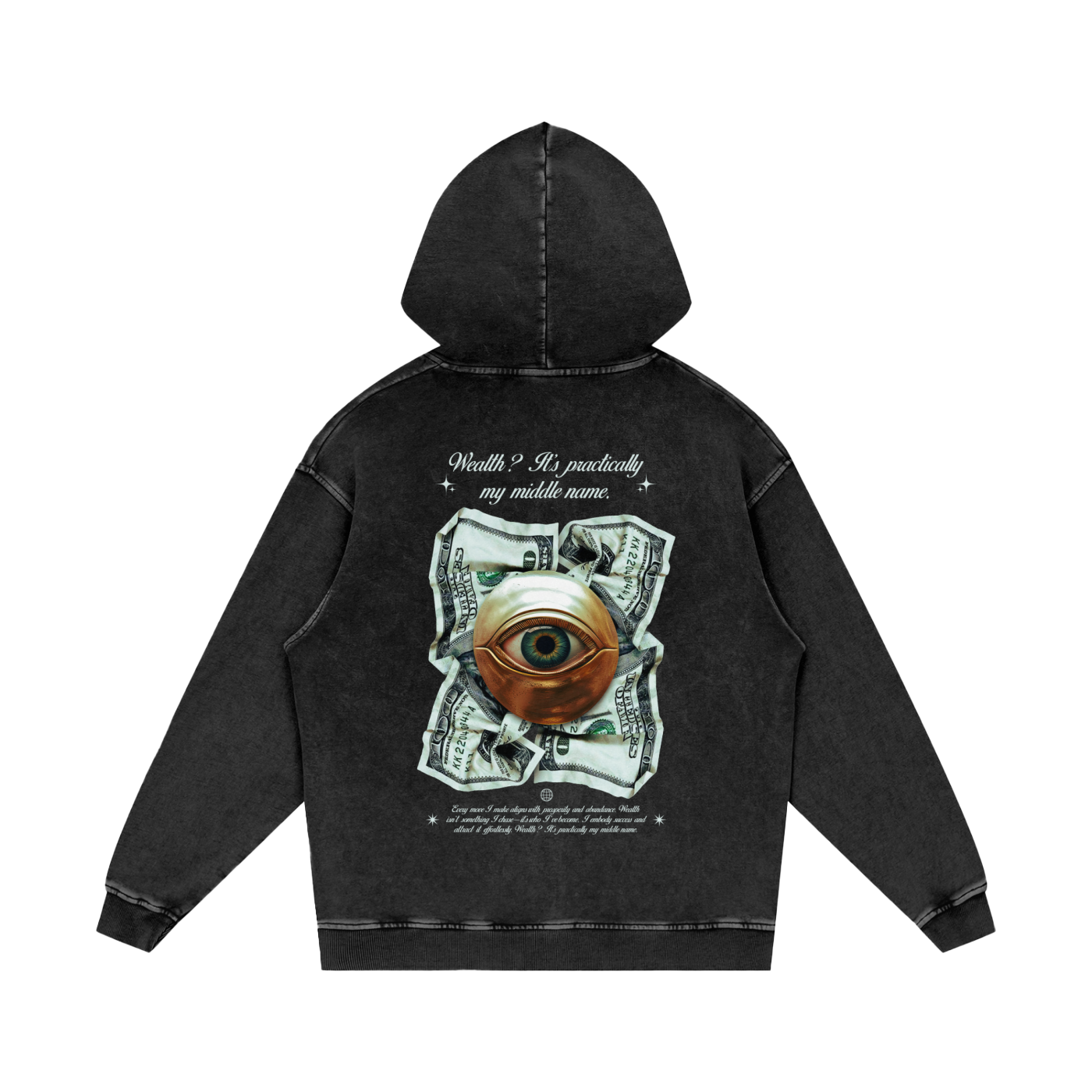 Wealth Its Practically My Middle Name Snow Washed Loose Cotton Hoodie